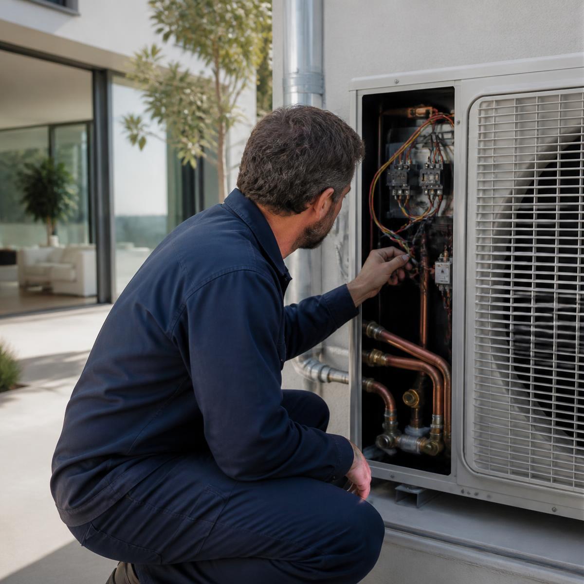 HVAC technician carefully servicing a luxury home's air-conditioning system