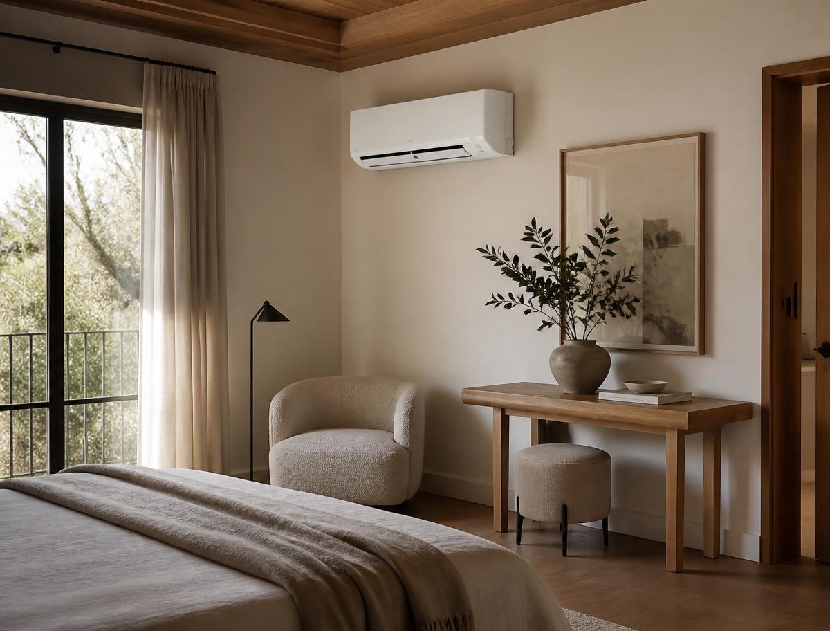 Wall-mounted mini-split system integrated into an elegant bedroom